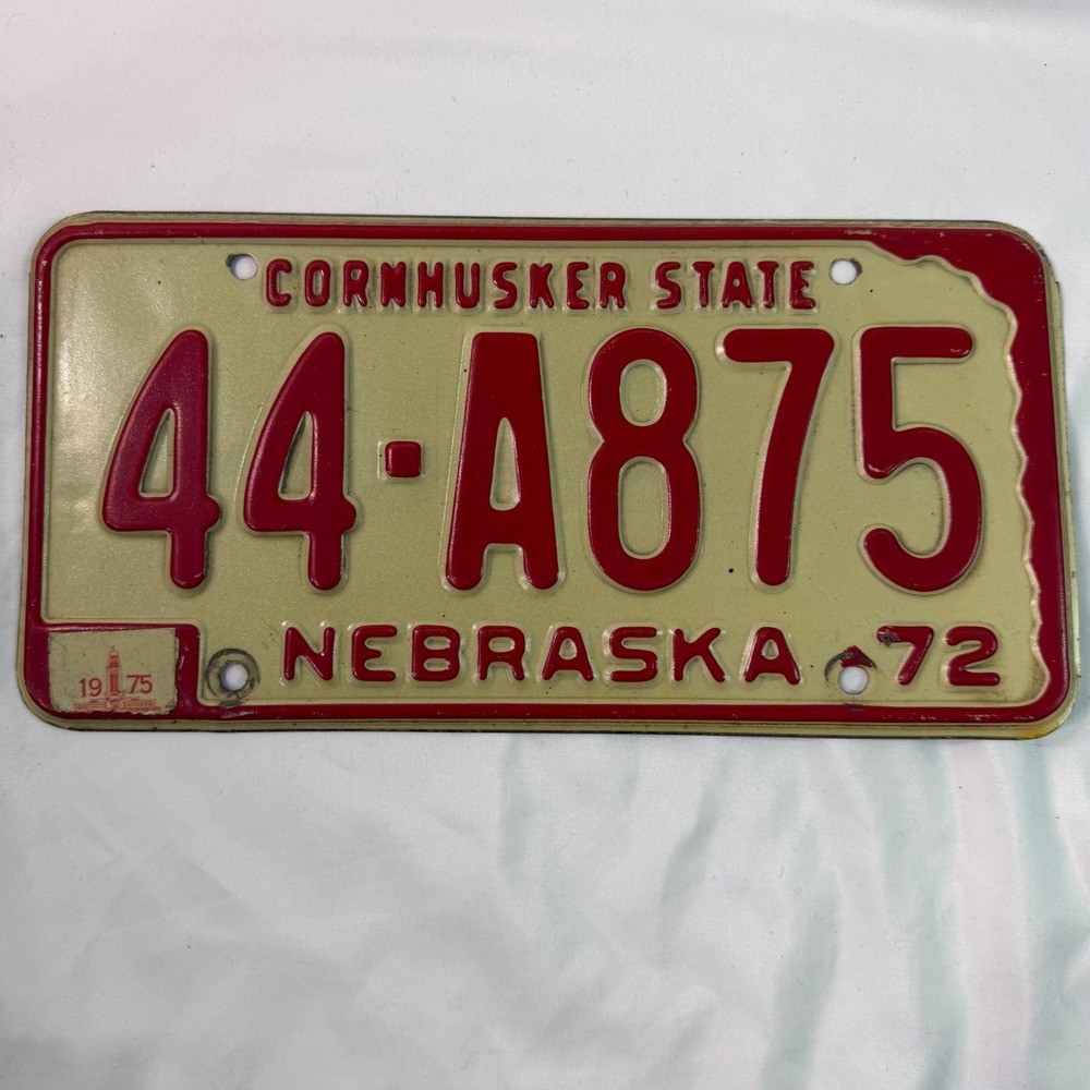 Vintage 1972 Nebraska License Plate Cornhusker State 44-A875 with 1975 Sticker
